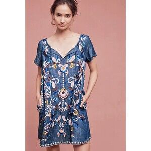 Anthropologie Holding Horses Folklore Dress 10 Embroidered Chambray Tunic Boho